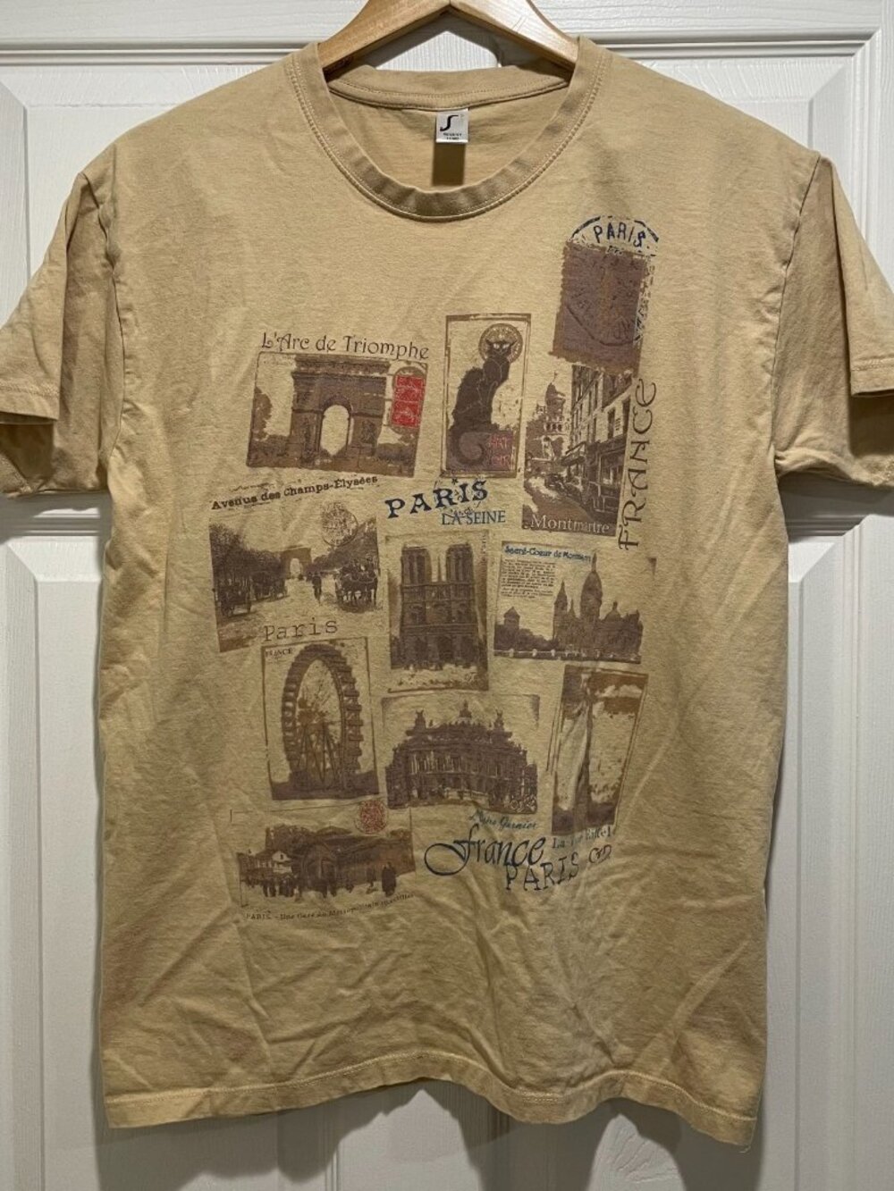 Vintage Paris France Graphic Collage Men's T-Shirt Size L Tan Travel Summer Tee